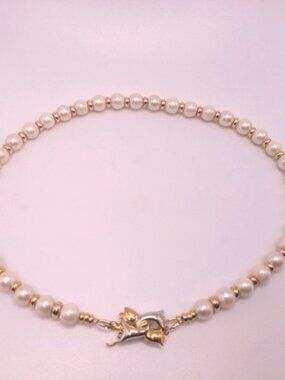 14k Yellow and White Gold Pearl Choker Necklace Vintage 1950s